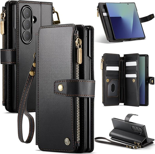 Vinich for Samsung Galaxy Z Fold 7 Wallet Case with Card Holder, Detachable Strap RFID Blocking Credit Slots Kickstand Shockproof Phone Cover for Women Men, Black