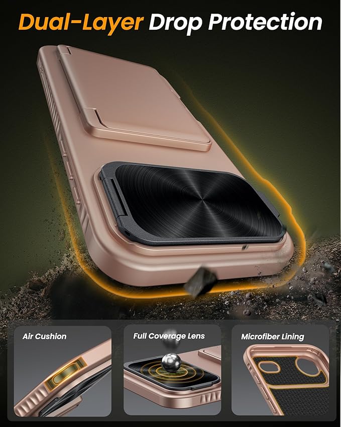 for iPhone Air Case with Card Holder & Stand & Camera Cover, Military Grade Drop Protection Hard Back Rugged Multifunctional Wallet Kickstand Protective Phone Case for iPhone Air, Rose Gold