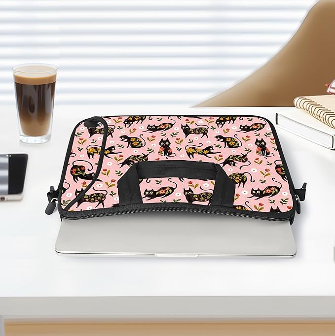 RICHEN 14 15 15.4 15.6 inch Laptop Shoulder Bag Messenger Bag Notebook Handle Sleeve Neoprene Carrying Case with Accessories Pocket (14-15.6 inch, Flowers Cats)