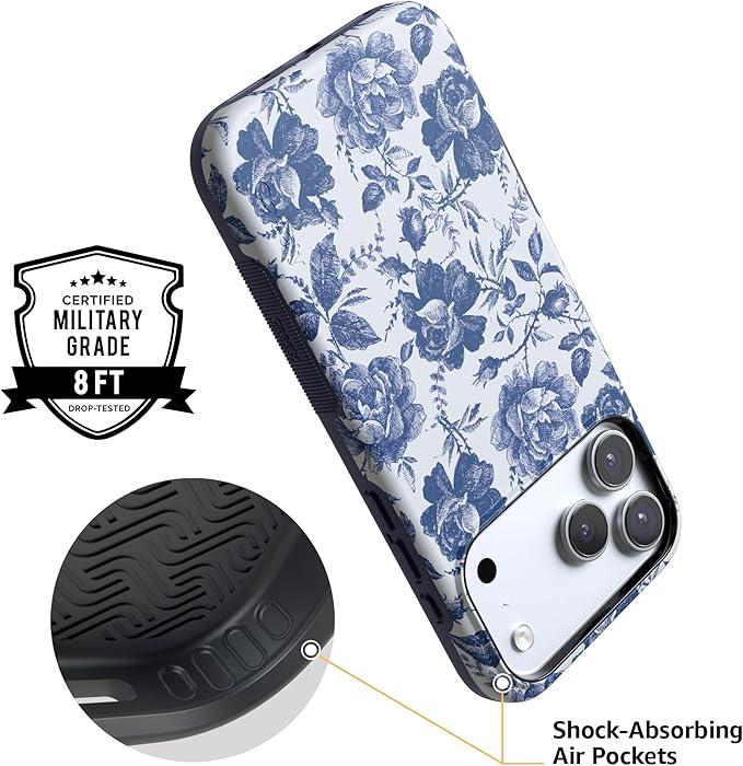 Casely iPhone 17 Pro Case | Rose to Fame | Blue & White Rose Floral | Compatible with MagSafe | Bold Protective Design
