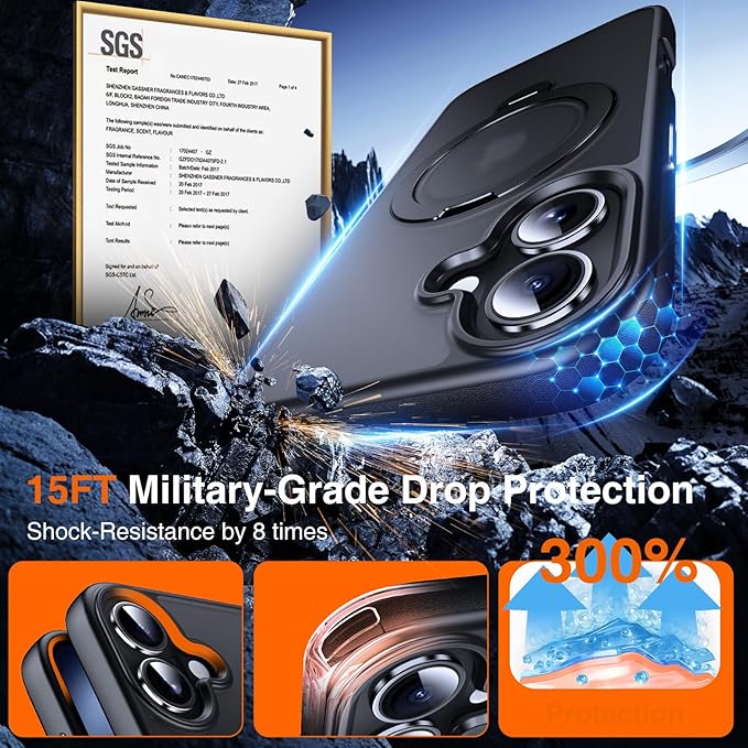 360° O-Ring MagStander for iPhone 16 Case with Magnetic Kickstand Ring Holder [Compatible with MagSafe][360°Rotate Stand Ring][Military Shockproof] Magnet iPhone 16 Phone Cover Matte Black