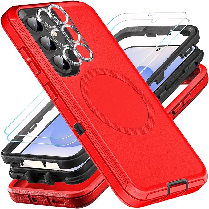 for Samsung Galaxy S25 Case, ONLY, [NOT FIT Galaxy S25 Edge/S25 Plus/S25 Ultra], Compatible with Magsafe, with 2Pcs Tempered Glass Screen Protector & Camera Lens Protector (New-Red/Black)
