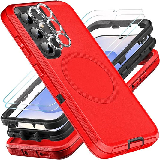 for Samsung Galaxy S25 Case, ONLY, [NOT FIT Galaxy S25 Edge/S25 Plus/S25 Ultra], Compatible with Magsafe, with 2Pcs Tempered Glass Screen Protector & Camera Lens Protector (New-Red/Black)