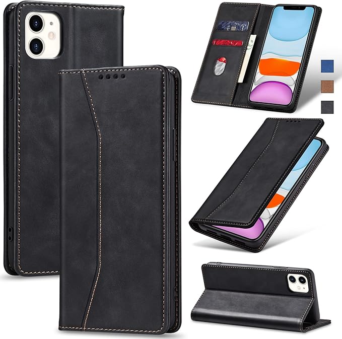 Jasonyu Flip Wallet Case for iPhone 11,Leather Magnetic Folio Cover with Card Holder,Kickstand - TPU Shockproof Durable Protective Phone Case,Black