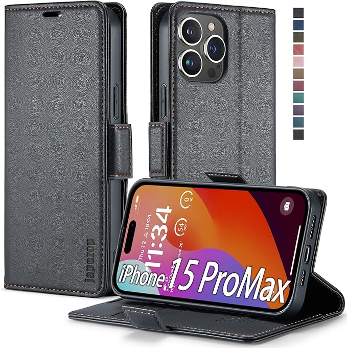 japezop Compatible with iPhone 15 Pro Max 5G Wallet Case,with [RFID Blocking],Card Holder Kickstand Magnetic,Leather Flip Case Wallet for iPhone 15 Pro Max 5G 6.7 Inch (Fashion Black)