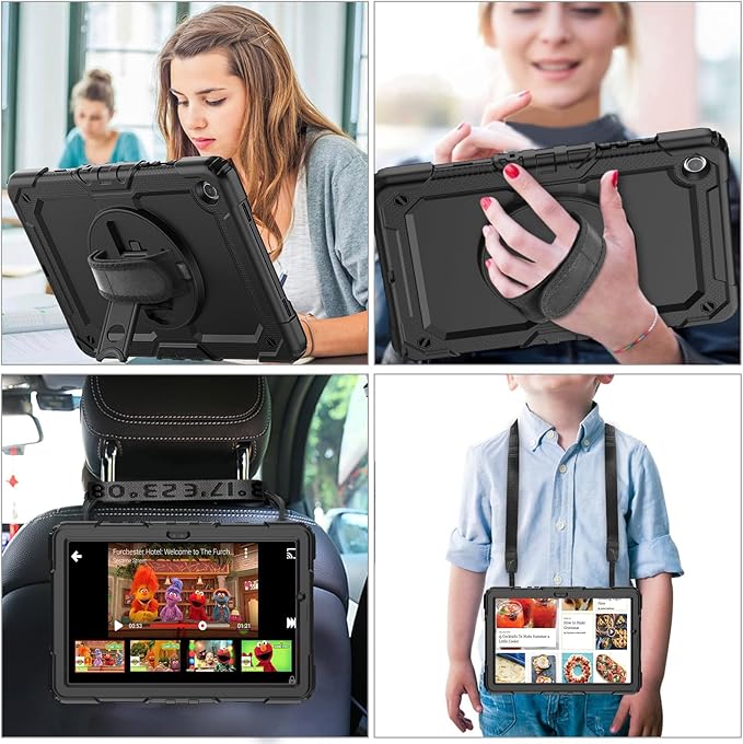 Bundle of Case for Samsung Galaxy Tab A9 Plus 11 Inch 2023 with Tempered Glass Screen Protector Pencil Holder,BLOSOMEET Galaxy A9+ Plus Tablet Case with Shoulder Strap Hand Strap&Stand,Black