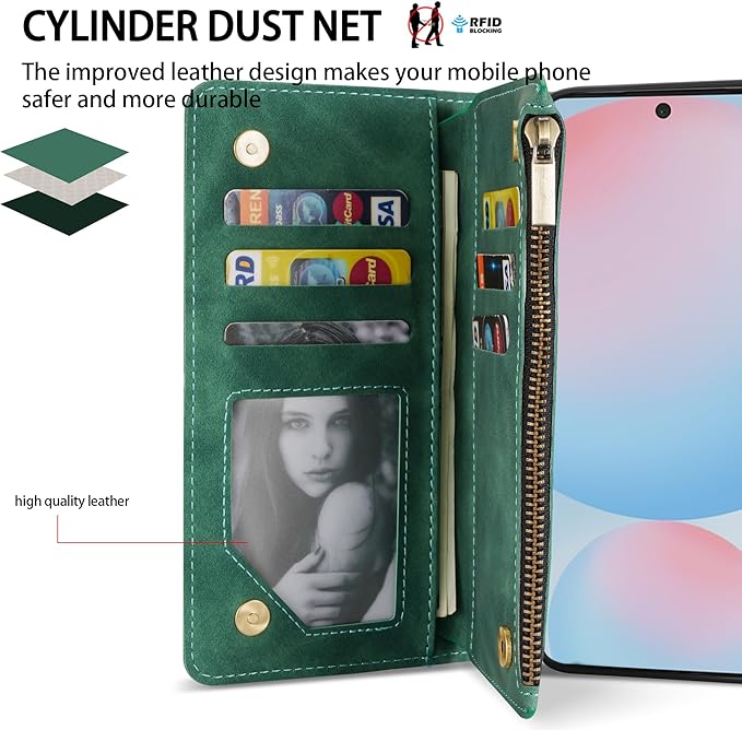 ZZXX for Samsung Galaxy S24 FE Wallet Case with RFID Blocking Card Slot PU Leather Zipper Flip Folio with Strap Kickstand Protective Cover for Samsung Galaxy S24 FE Case Wallet(Green-6.7 inch)