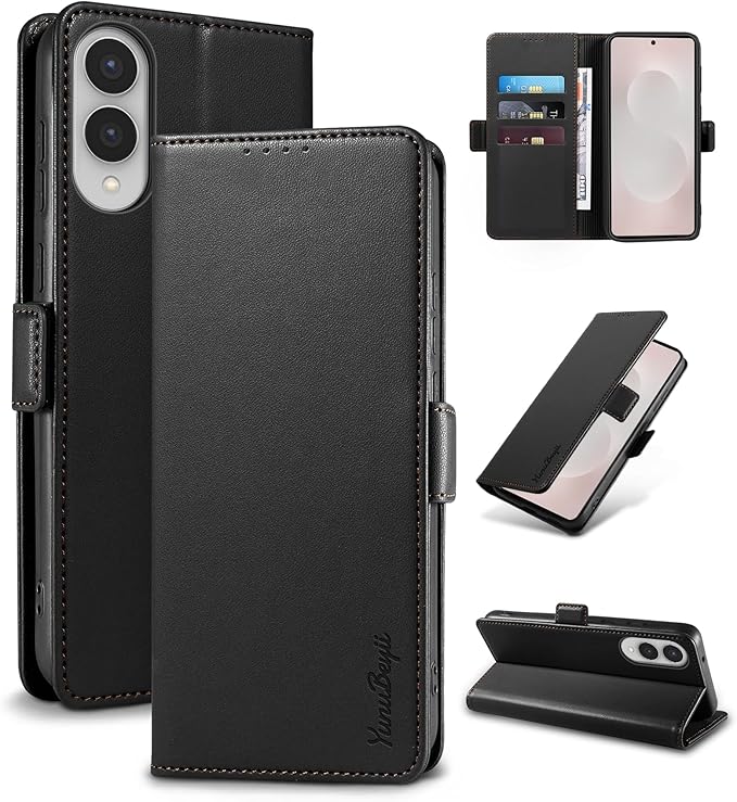Wallet Flip Case for Samsung Galaxy S25 Edge 5G - [RFID Blocking] Luxury PU Leather Card Holder Magnetic Phone Cover with Kickstand,Shockproof Protective Case,Black