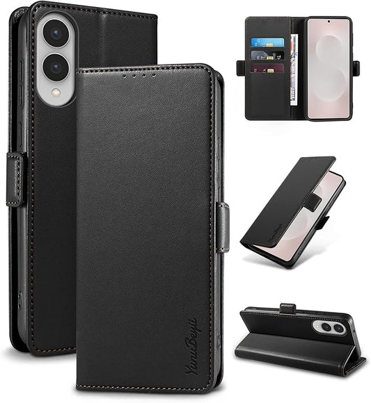 Wallet Flip Case for Samsung Galaxy S25 Edge 5G - [RFID Blocking] Luxury PU Leather Card Holder Magnetic Phone Cover with Kickstand,Shockproof Protective Case,Black