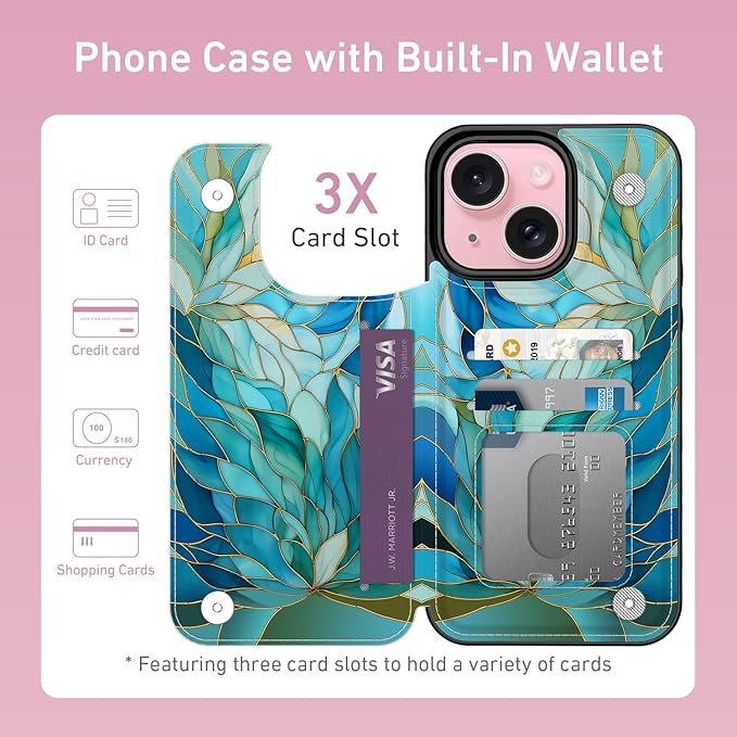 FUNMIKO for iPhone 15 Wallet Case with Card Holder, RFID-Blocking, Military-Grade Protection & UV-Printed Artwork, Magnetic Closure with Leather Kickstand - Sleek Cyan Leaf