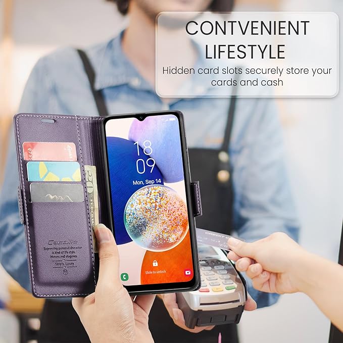 for Samsung Galaxy A14 4G/5G Case, Premium PU Leather Wallet Case Flip Cover with [RFID Blocking][Card Holder][Stand Function] Shockproof Protective for Samsung Galaxy A14, Purple