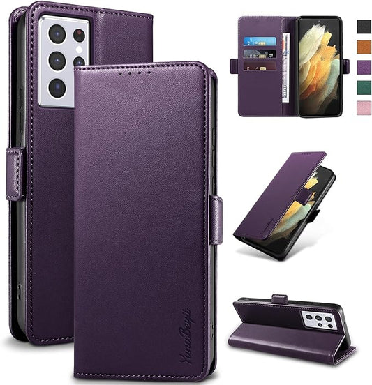Wallet Flip Case for Samsung Galaxy S21 Ultra 5G - [RFID Blocking] Luxury PU Leather Card Holder Magnetic Phone Cover with Kickstand,Shockproof Protective Case,Purple