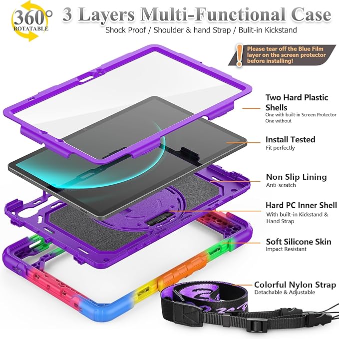 SEYMAC stock Case for Samsung Galaxy Tab S10 Lite / S10 FE / S9 FE 5G / S9 Tablet Case 10.9''/ 11'' Protective with Screen Protector, Pen Holder, 360 Rotate Stand, Hand Strap, Shoulder Strap, Purple