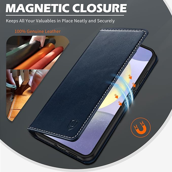 SHIELDON Case for Galaxy S25 Plus 6.7", Genuine Leather Wallet Flip Book RFID Blocking Card Holder Kickstand Shock Absorbing Protective Case Compatible with Galaxy S25+ 2025 - Retro Dark Blue