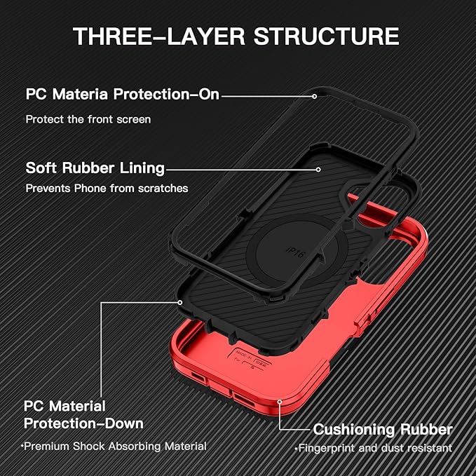 for iPhone 16 Case [Compatible with MagSafe] Shockproof 3-Layer Full Body Protection [Without Screen Protector] Rugged Heavy Duty Cover Case for Apple iPhone 16 6.1",Red/Black