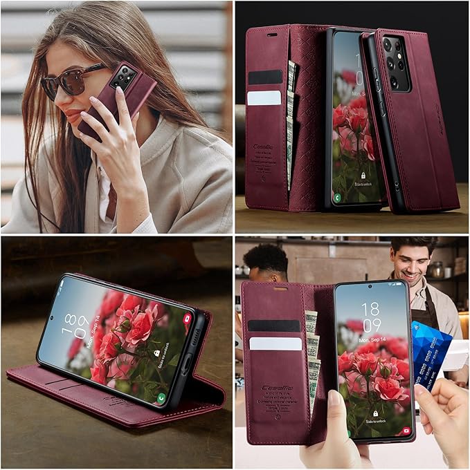 Wallet Case for Samsung Galaxy S21 Ultra Leather Wallet Flip Cover with Card Holder, Kickstand, Magnetic Closure, RFID Blocking TPU Shockproof Phone Case Compatible with S21 Ultra, Red