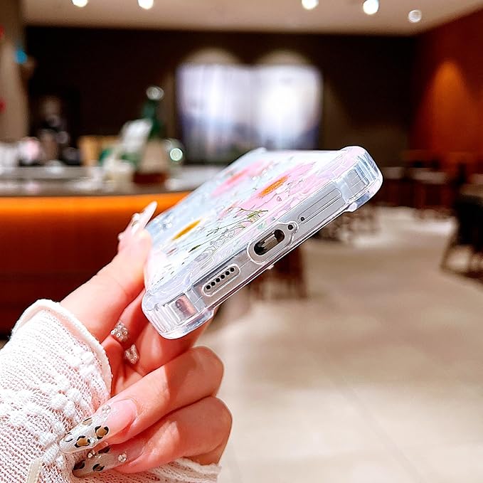 Compatible with Samsung Galaxy S24 Case Cute Pressed Dried Real Flowers Design Women Girly Shockproof Glitter Floral Clear Phone Cover S24 (Pink Flower)