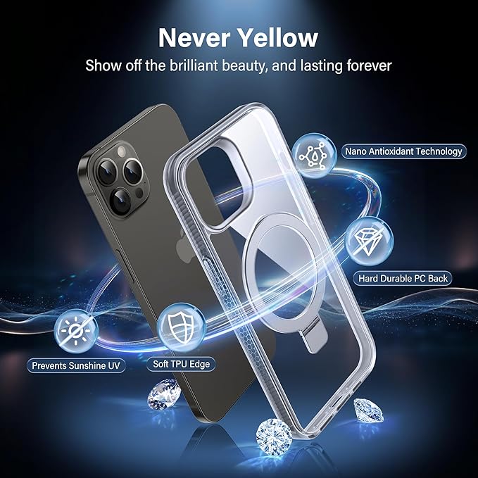 Magnetic Case for iPhone 13 Pro Max - [Built-in Invisible Stand] [Compatible with MagSafe] [Military Grade Drop Protection] Anti-Yellowing Hard Back Silicone Edge Cover, 6.7", Clear
