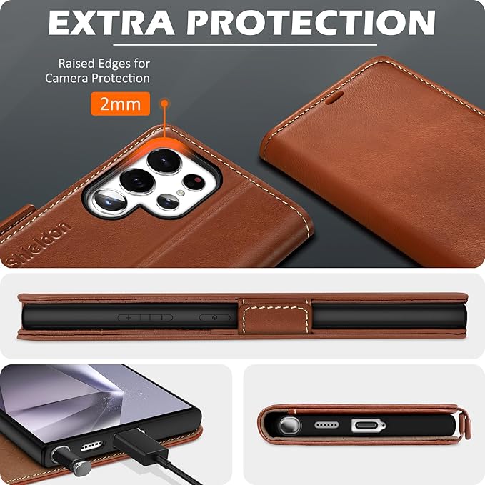 SHIELDON Case for Galaxy S25 Ultra 6.9" 2025, Genuine Leather Flip Wallet Book Case Magnetic RFID Blocking Credit Card Holder Kickstand Shockproof Cover Compatible with Galaxy S25 Ultra - Retro Brown