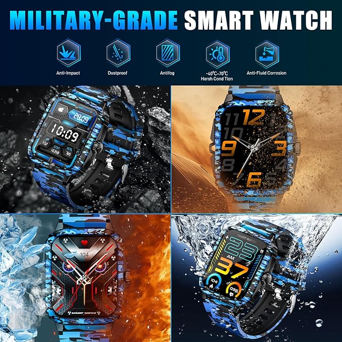 Military Smart Watches for Men (Make/Answer Call) 1.96" Screen Outdoor Activity Tracker with 100+ Sport Modes Health Monitor 3ATM Waterproof Smartwatch