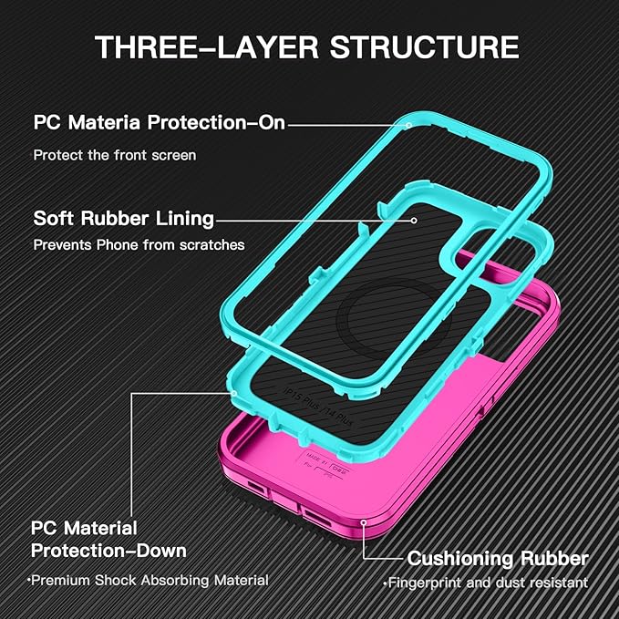for iPhone 14 Plus Case,iPhone 15 Plus Case [Compatible with MagSafe] Shockproof 3-Layer Full Body Protection Rugged Heavy Duty Cover for Apple iPhone 14/15 Plus 6.7",Rose Red/Green