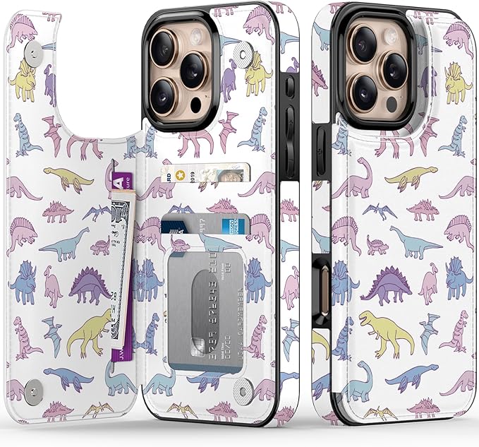 FUNMIKO for iPhone 16 Pro Wallet Case with Card Holder, RFID-Blocking, Military-Grade Protection & UV-Printed Artwork, Magnetic Closure with Leather Kickstand - Vibrantly Cute Dinosaur