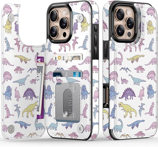 FUNMIKO for iPhone 16 Pro Wallet Case with Card Holder, RFID-Blocking, Military-Grade Protection & UV-Printed Artwork, Magnetic Closure with Leather Kickstand - Vibrantly Cute Dinosaur