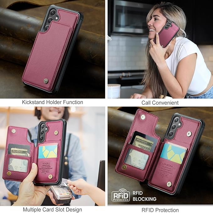 Vinich for Samsung Galaxy S25 Wallet Case with Card Holder, RFID Blocking Credit Slots Kickstand Shockproof Phone Cover for Women Men, Wine Red