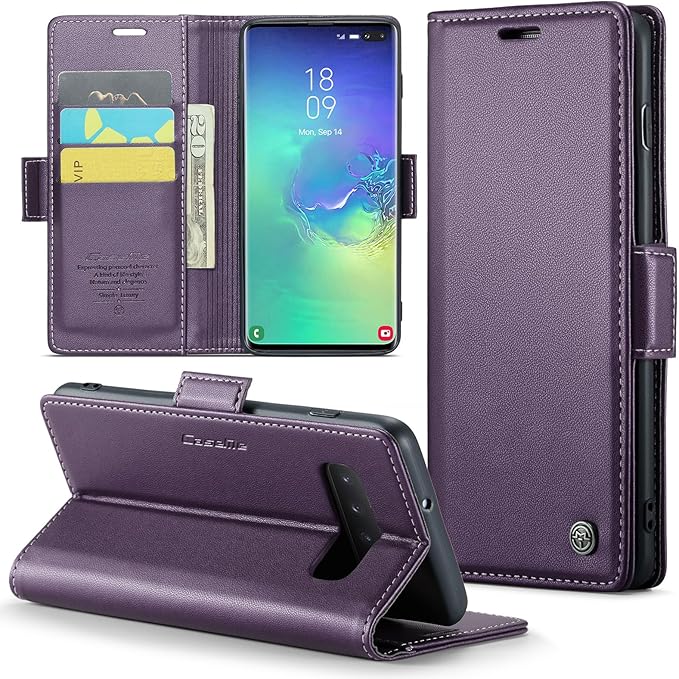 Case for Samsung Galaxy S10 Plus Wallet Case, RFID Blocking PU Leather Flip Folio Cover Card Holder Kickstand Shockproof Phone Case Compatible with Samsung Galaxy S10 Plus, Purple