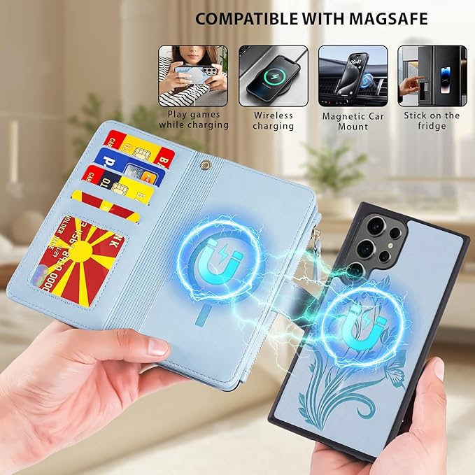 Lacass for Samsung Galaxy S24 Ultra Case Wallet,Compatible with MagSafe 2 in 1 Magnetic Detachable PU Leather RFID Blocking Wallet Cover Card Holder Zipper Wrist Strap Lanyard,Floral Sky Blue