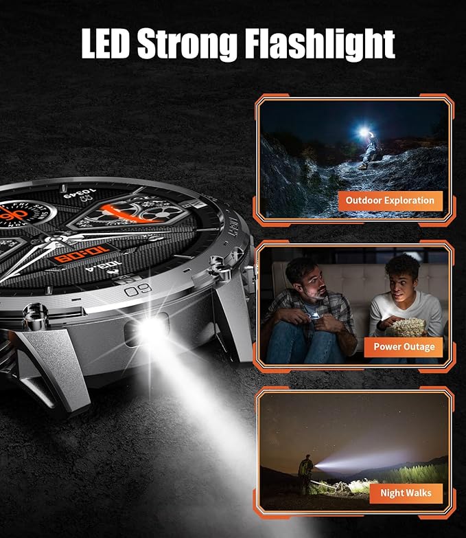 LIGE 1.75" Super Large AMOLED Round Smart Watches for Men with LED Flashlights, Outdoor Military Smartwatch for Android iOS, 100+ Sports, IP68 Waterproof, 200+ Watch Faces, 730mAh, Silver Metal Strap