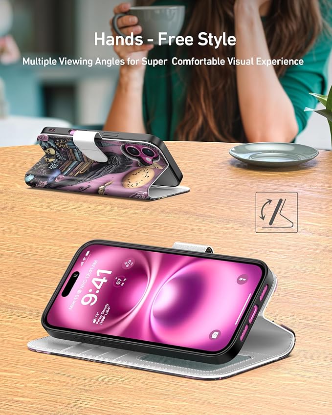 DEENAKIN for iPhone 16 Plus Wallet Case with Card Holder + Cash Clip, RFID-Blocking, Military-Grade Drop Protection, Magnetic Closure with Leather Kickstand - Gothic Skull & Raven