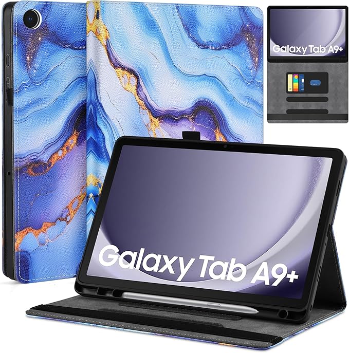 DETUOSI for Samsung Galaxy Tab A9+/A9 Plus 11 inch 2023 Case 5g (SM-X210/X216/X218) Premium Leather Folio Stand Protective Cover Auto Wake/Sleep with Pencil Holder Blue Marble