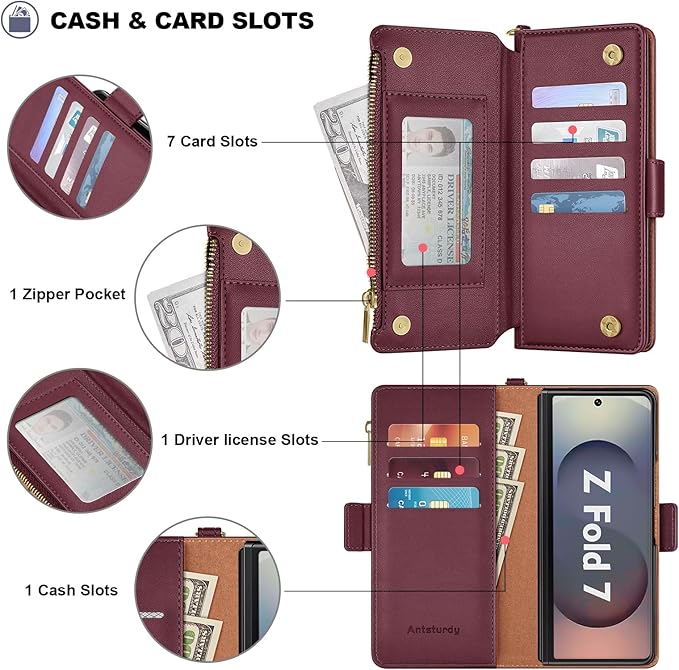 Antsturdy Compatible with Samsung Galaxy Z Fold7 Case Wallet with Card Holder,Z Fold 7 5G Phone Case with Strap Shockproof PU Leather RFID Blocking Flip Cover Credit Card Slots Women Men,Wine Red