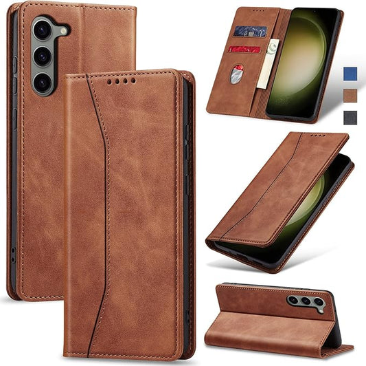 Jasonyu Flip Wallet Case for Samsung Galaxy S23 5G,Leather Magnetic Folio Cover with Card Holder,Kickstand - TPU Shockproof Durable Protective Phone Case,Brown