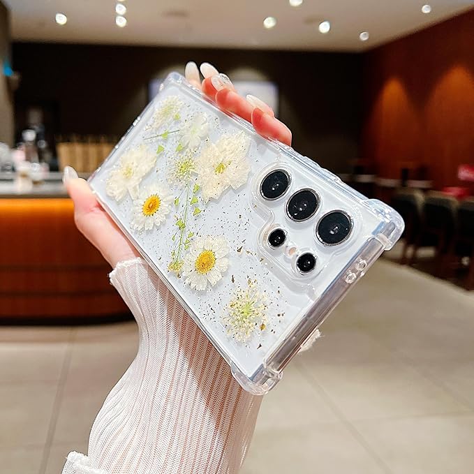 Compatible with Samsung Galaxy S23 Ultra Case Cute Pressed Dried Real Flowers Design Women Girly Shockproof Glitter Floral Clear Phone Cover S23 Ultra (White Flower)