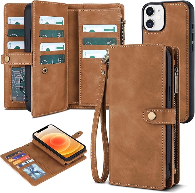 TwoHead for iPhone 12/12 Pro Wallet Case with Card Holder & Detachable Magnetic Phone Case,Leather All-Round Protection Phone Case for Women/Men,6.1IN,Brown