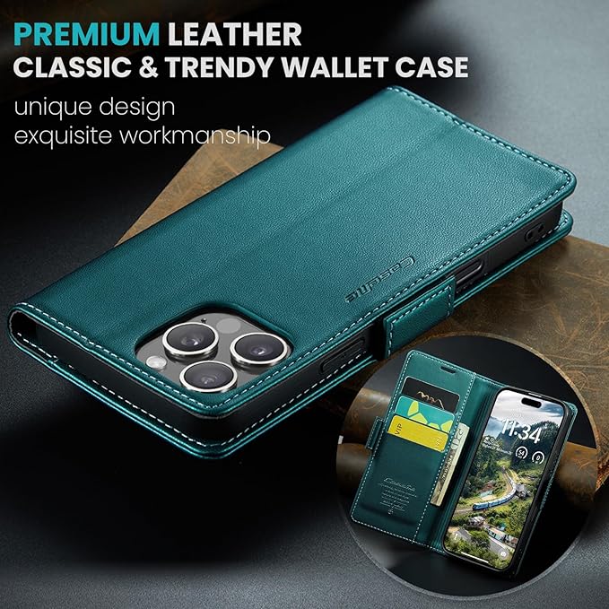 for iPhone 16 Pro Max Case, Premium PU Leather Wallet Case Flip Cover with [RFID Blocking][Card Holder][Stand Function] Shockproof Protective for iPhone 16 Pro Max 6.9", Blue-Green