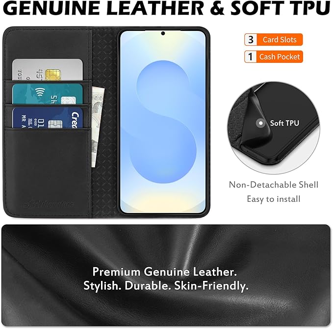 SHIELDON Case for Galaxy S25 Edge 6.7", Genuine Leather Folio Wallet Cover with Kickstand RFID Blocking Card Holder Magnetic Full Protective Case Compatible with Galaxy S25 Edge 2025 - Nappa Black