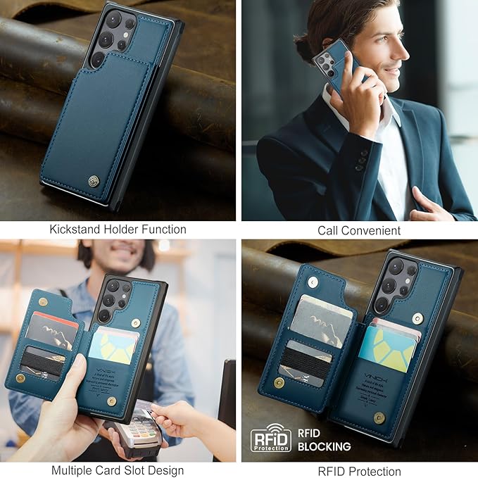 Vinich for Samsung Galaxy S25 Ultra Wallet Case with Card Holder, RFID Blocking Credit Slots Kickstand Shockproof Phone Cover for Women Men, Blue