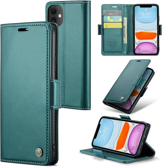 for iPhone 11 Case, Premium PU Leather Wallet Case Flip Cover with [RFID Blocking][Card Holder][Stand Function] Shockproof Protective for iPhone 11, Blue-Green