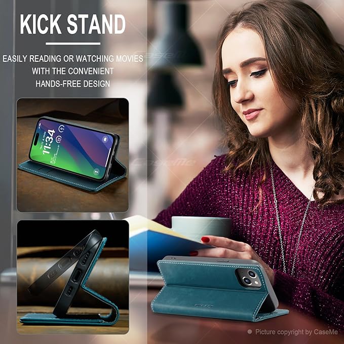 for iPhone 15 Plus Case, Flip Wallet Leather Case with Card Holder Magnetic Closure Shockproof Kickstand Protective Phone Cases Cover for iPhone 15 Plus, Blue-Green