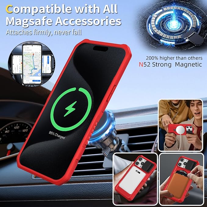 for iPhone 15 Pro Case Magnetic Compatible with MagSafe Wireless Charging,with 2 Screen Protector,Built-in Kickstand Ring,with Camera Cover Anti-Scratch Shockproof Heavy Duty Protection Red