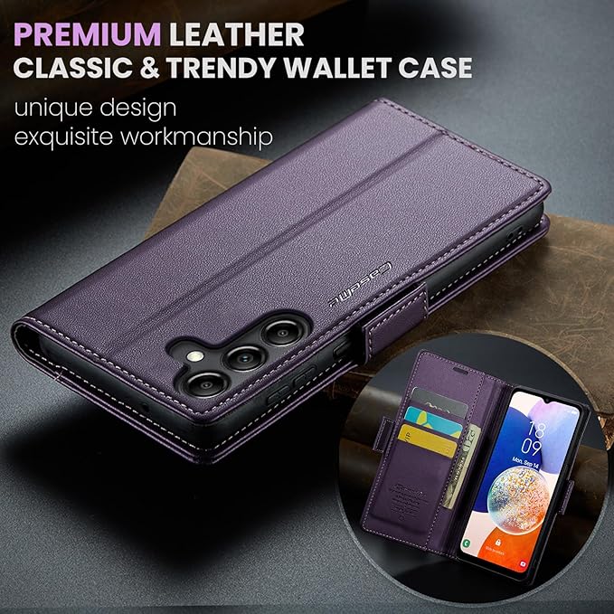 for Samsung Galaxy A14 4G/5G Case, Premium PU Leather Wallet Case Flip Cover with [RFID Blocking][Card Holder][Stand Function] Shockproof Protective for Samsung Galaxy A14, Purple