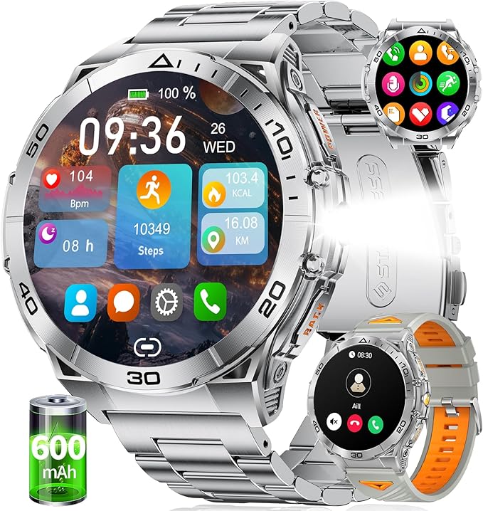 Military Smart Watch for Men,1.6" AMOLED Screen /600mAh Battery/5ATM Waterproof Smartwatches (Answer/Dial Calls) Fitness Tracker with Heart Rate/Sleep Tracking/Blood Oxygen for Android/iOS Silver