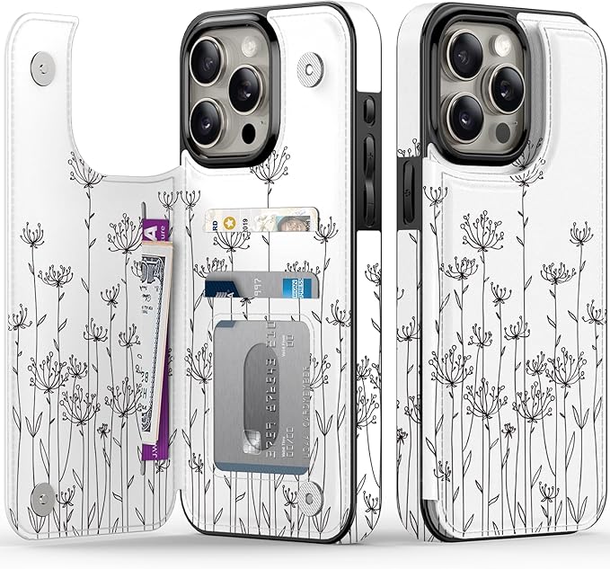 FUNMIKO for iPhone 13 Pro Wallet Case with Card Holder, RFID-Blocking, Military-Grade Protection & UV-Printed Artwork, Magnetic Closure with Leather Kickstand - Elegantly Sketched Flower