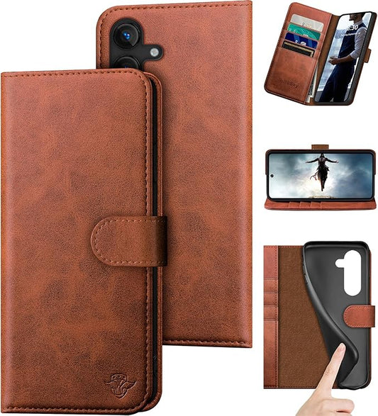 Compatible with Samsung Galaxy S25 Genuine Leather Wallet case【RFID Blocking】【4 Credit Card Holder】【Real Leather】 Flip Folio Book Phone case Cover Women Men for Samsung S25 case Light Brown