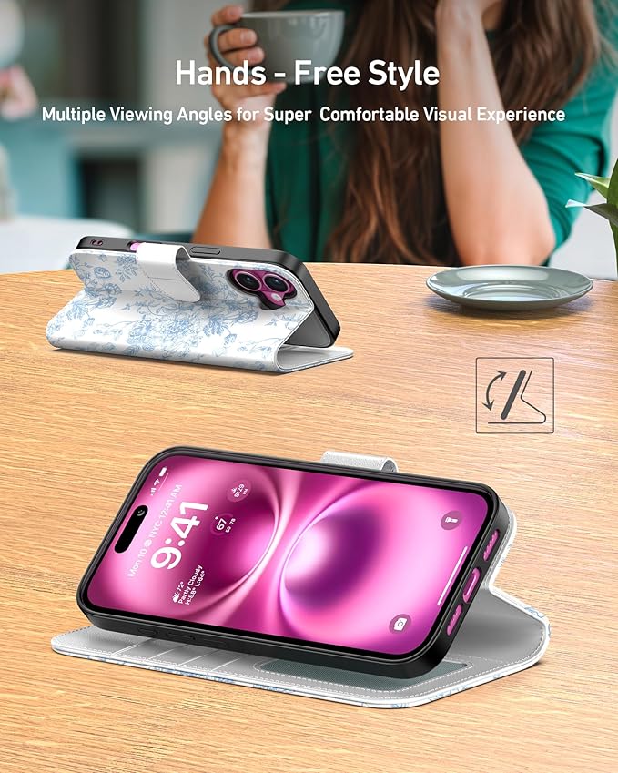 DEENAKIN for iPhone 16 Plus Wallet Case with Card Holder + Cash Clip, RFID-Blocking, Military-Grade Drop Protection, Magnetic Closure with Leather Kickstand - Blue Floral Design