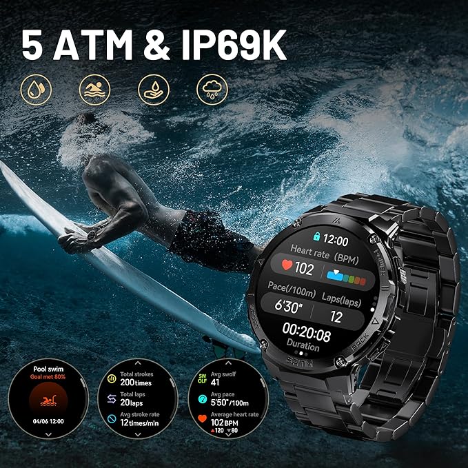 Smart Watch for Men with GPS,50 Days Battery Life,5ATM Waterproof,1.43" Amoled HD Display Answer/Make Calls Rugged Military Full Metal Body Compatible for Android&iOS