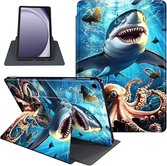 Case for Samsung Galaxy Tab A9+/A9 Plus 11 Inch 2023 Tablet Case, 360 Degree Rotating Folio Stand Smart Cover for Galaxy Tab A9+ Tablet SM-X210/X216/X218, Auto Sleep/Wake, Shark Octopus